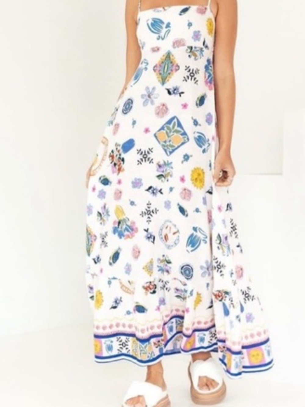 White Floral Print Maxi Dress with Spaghetti Straps